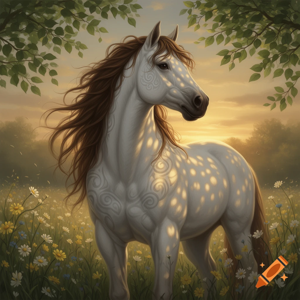 Majestic white horse with a flowing brown mane stands in a sunlit ...