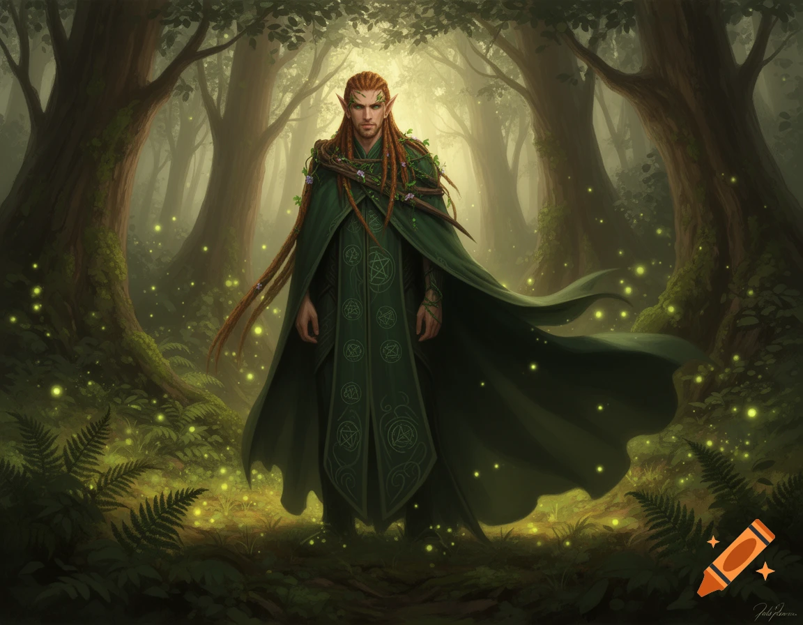 A male elven druid with long red dreadlocks and a dark green cloak stands in a magical, glowing forest.