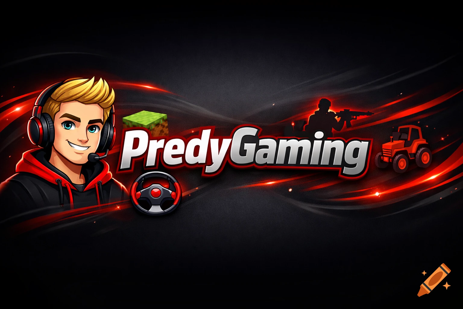 A stylized banner featuring a blonde male gamer avatar with headphones next to the white text "PredyGaming", against a dark background with red accents and gaming symbols like a Minecraft block, steering wheel, soldier silhouette, and tractor.