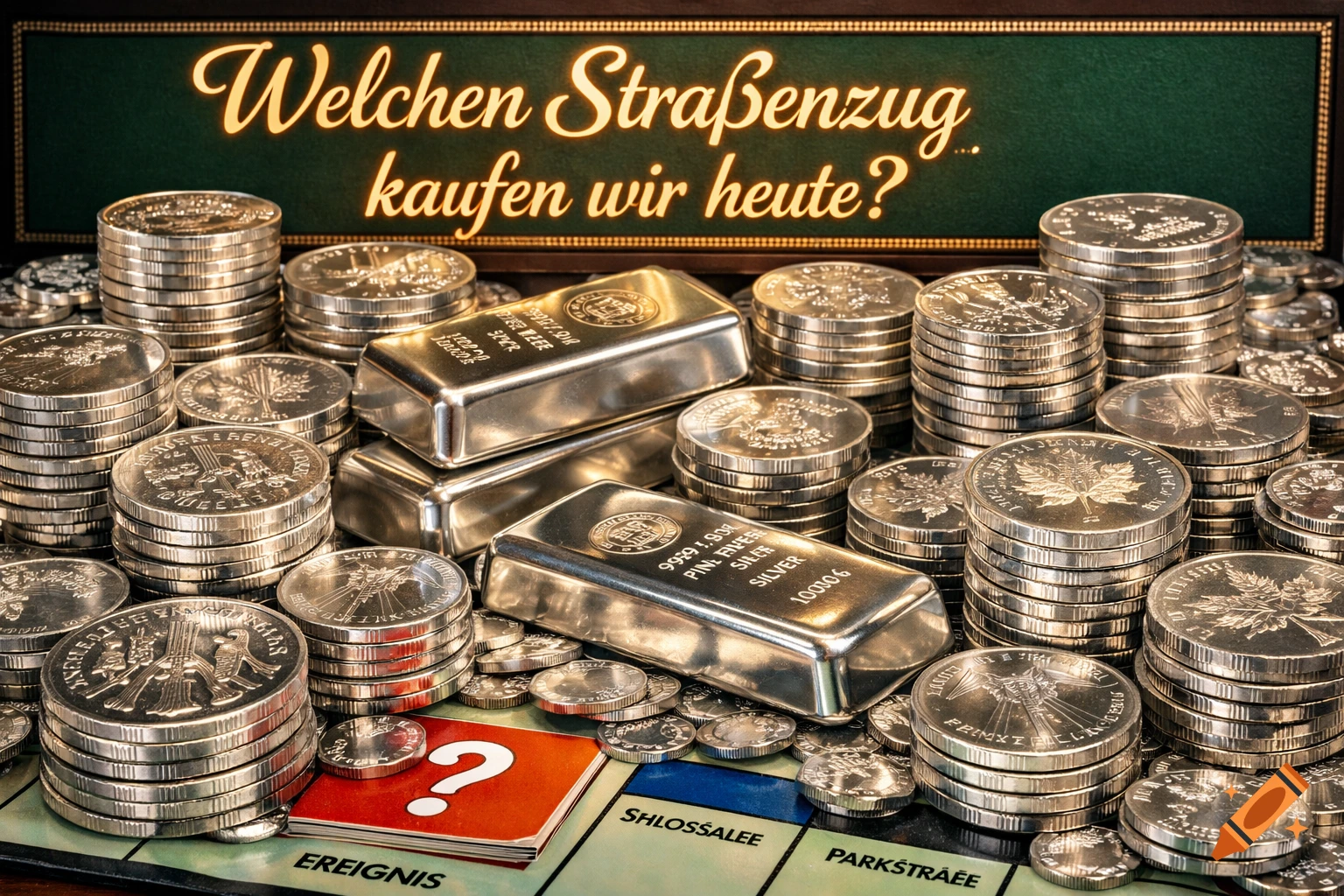 Stacks of silver coins and bars are piled on a German Monopoly board, beneath a glowing golden text that reads "Welchen Straßenzug kaufen wir heute?"