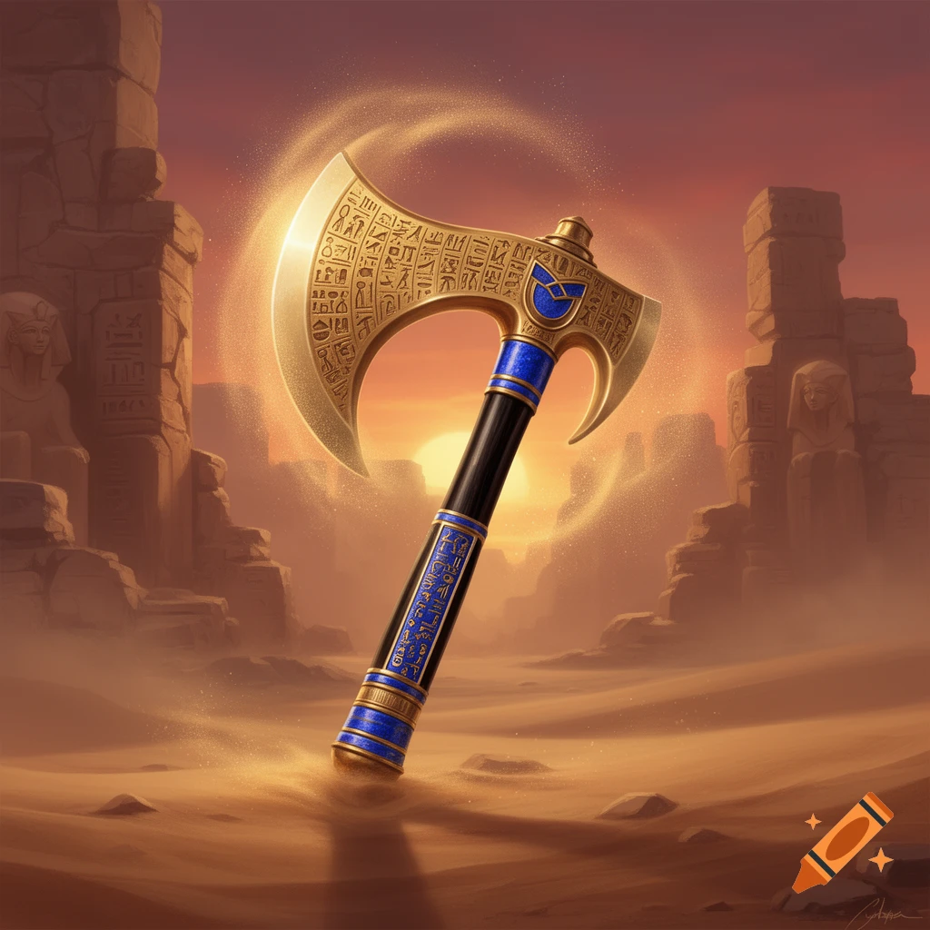 An ornate golden crescent axe with blue and black details, covered in hieroglyphs, stands in sandy desert ruins at sunset, glowing.