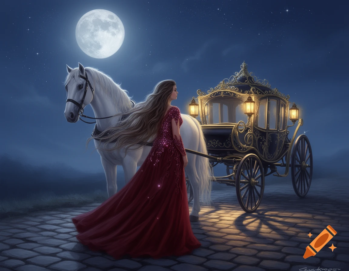 A woman in a red gown with long hair stands beside a white horse and an ornate carriage under a full moon at night.