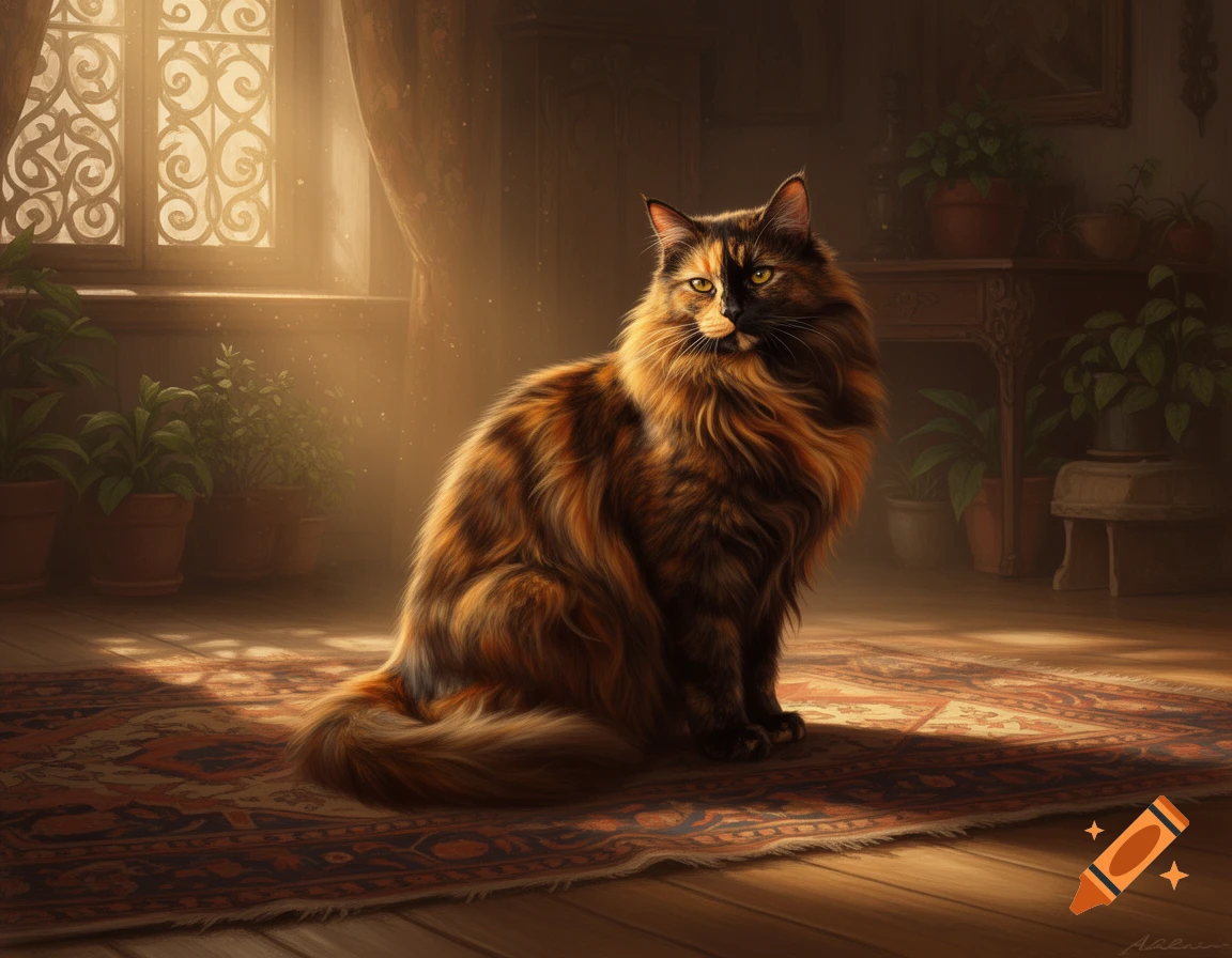 A fluffy tortoiseshell cat sits on an ornate rug in a warmly lit room with potted plants and a decorative window.