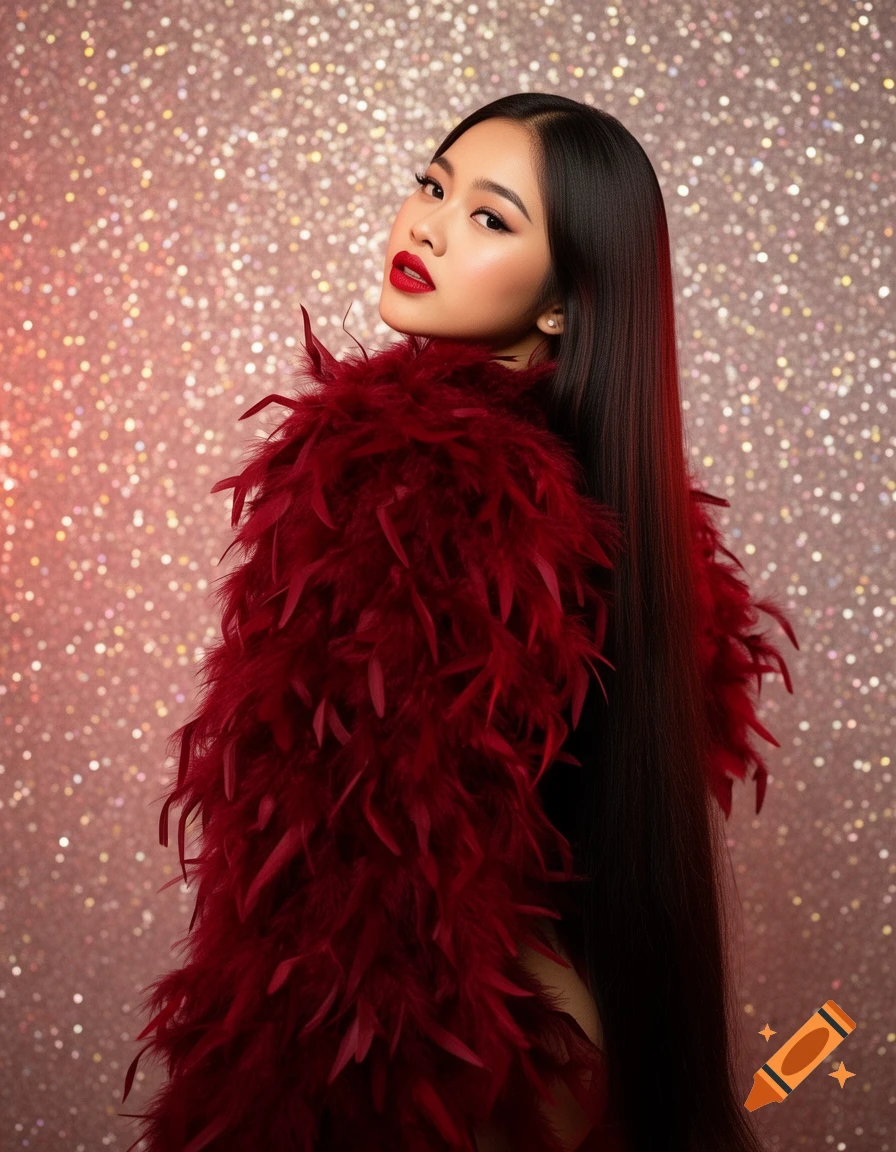 A glamorous woman looks over her shoulder, wearing a red feather boa and red lipstick, with very long dark hair against a sparkly glitter background.