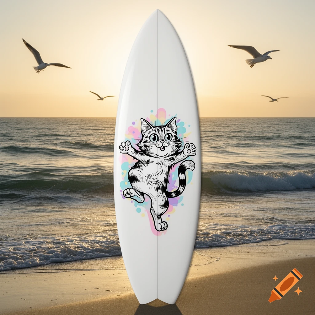 A white surfboard with a black and white cartoon cat graphic, set on a sandy beach at sunset with seagulls flying over the ocean.