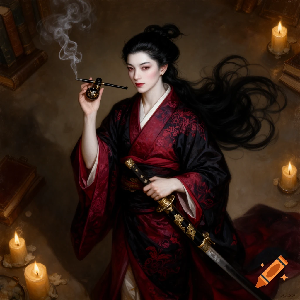 A pale woman with dark hair in a red and black kimono holds a kiseru pipe and a katana. Books and lit candles surround her in this oil painting.