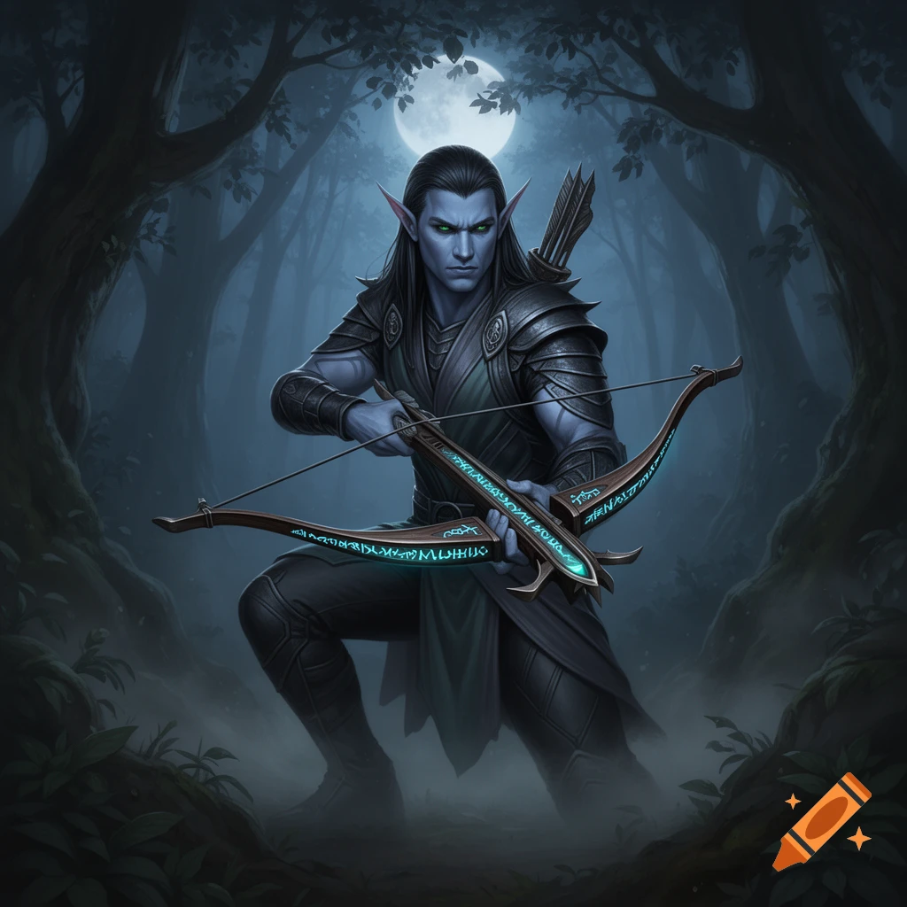 A dark elf character with long black hair and pointed ears, holding a glowing crossbow in a mystical moonlit forest.