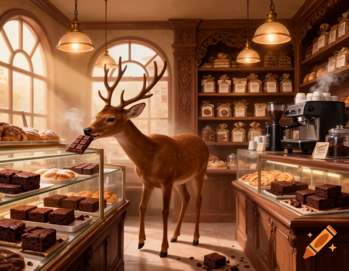A brown deer stands in a sunlit bakery, nibbling on a chocolate bar, surrounded by display cases filled with brownies and pastries.