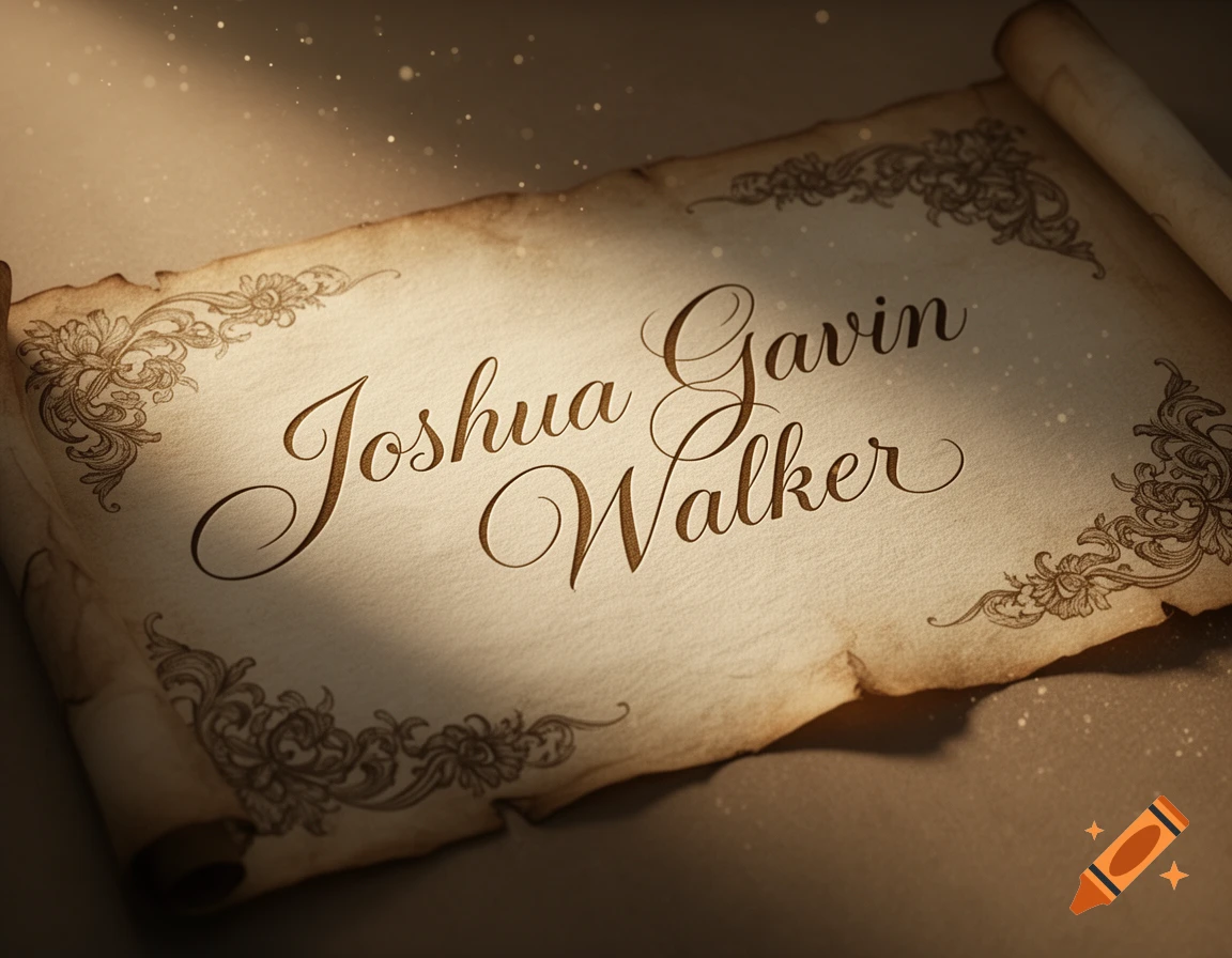 An old, illuminated parchment scroll with the name 'Joshua Gavin Walker' written in elegant calligraphy.