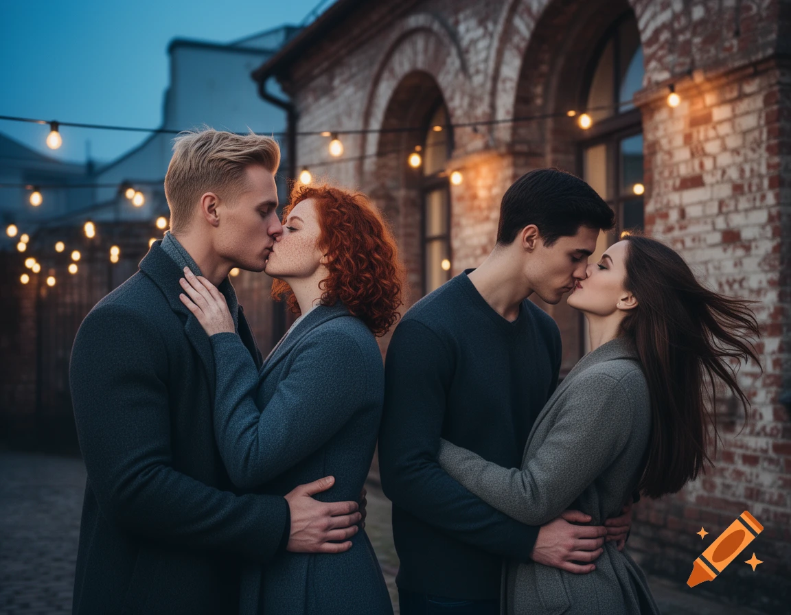 Two couples share tender kisses outdoors at twilight, illuminated by string lights against an old brick building.