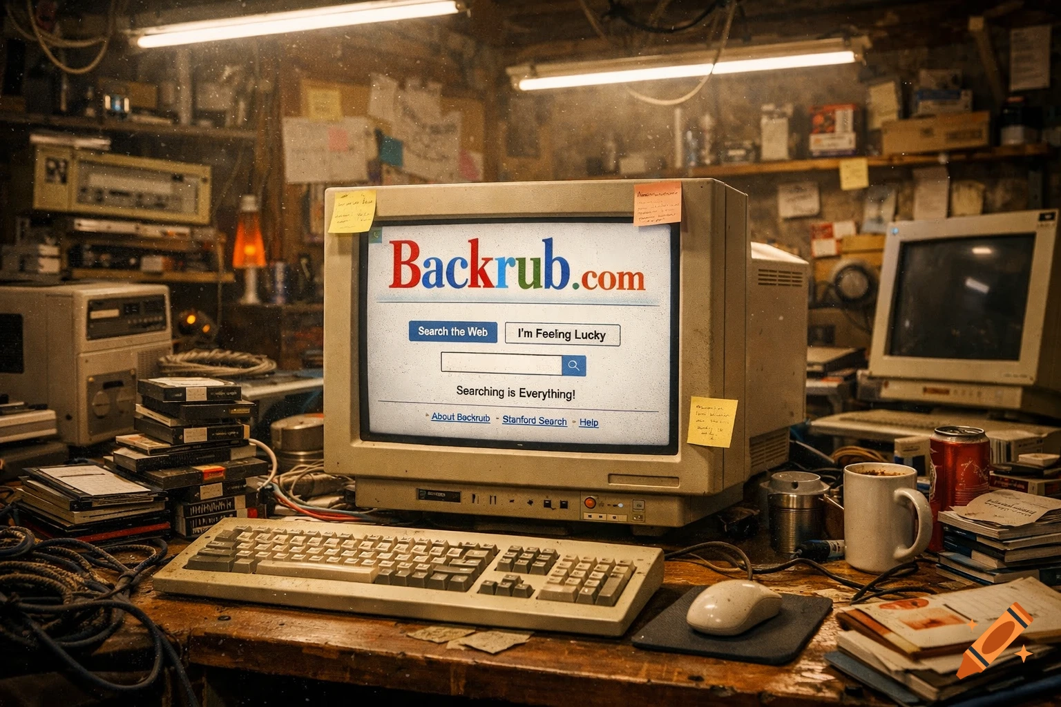 A cluttered, dusty vintage workspace featuring an old CRT computer monitor displaying the "Backrub.com" search engine homepage, with a keyboard, mouse, and other retro electronics.