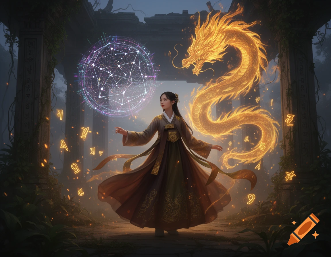 A young Korean oracle in hanbok robes stands in an ancient temple, surrounded by glowing runes and a holographic star map, with a golden fire dragon swirling behind her in this digital art.