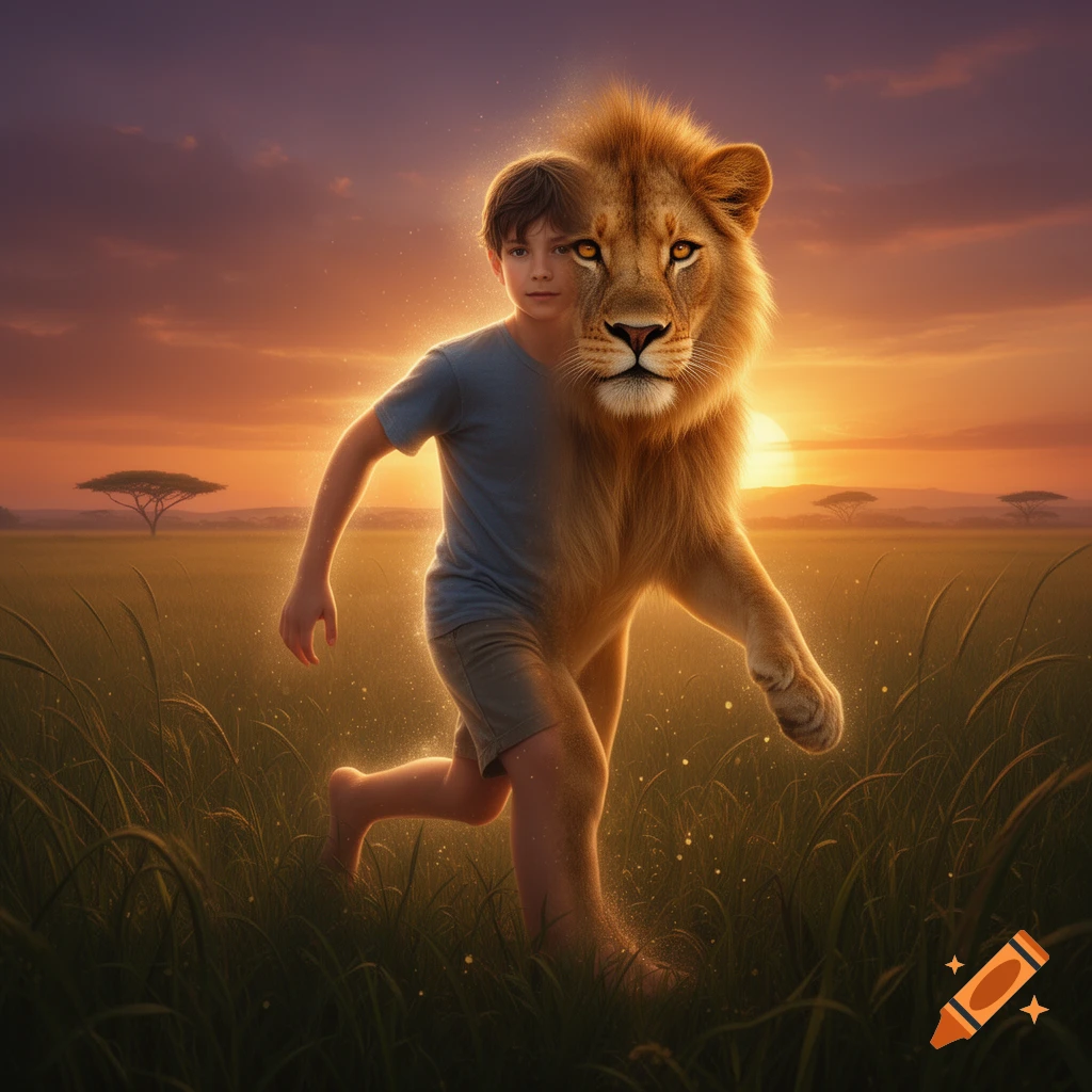 A photorealistic image of a boy halfway transformed into a lion, running through a savanna at sunset.