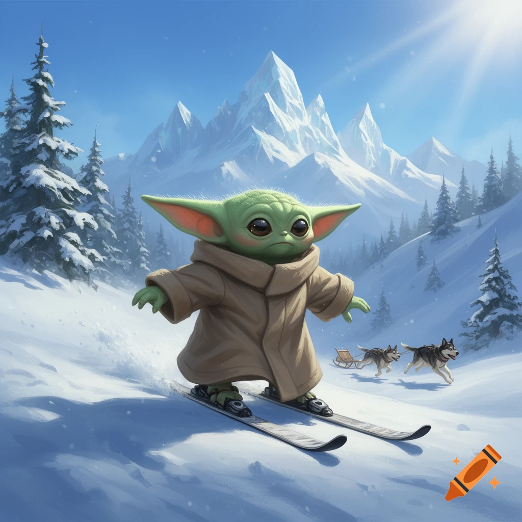Cute Grogu skiing down a snowy mountain slope, with two husky dogs pulling a sled in the background. Cartoon style.