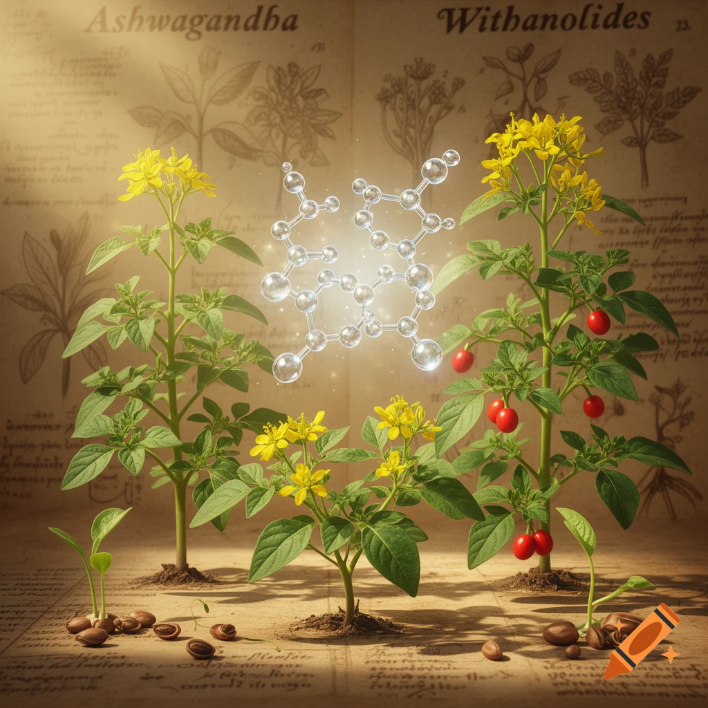 Ashwagandha plants with yellow flowers and red berries, with a glowing molecular structure of Withanolides above them, on a botanical document.