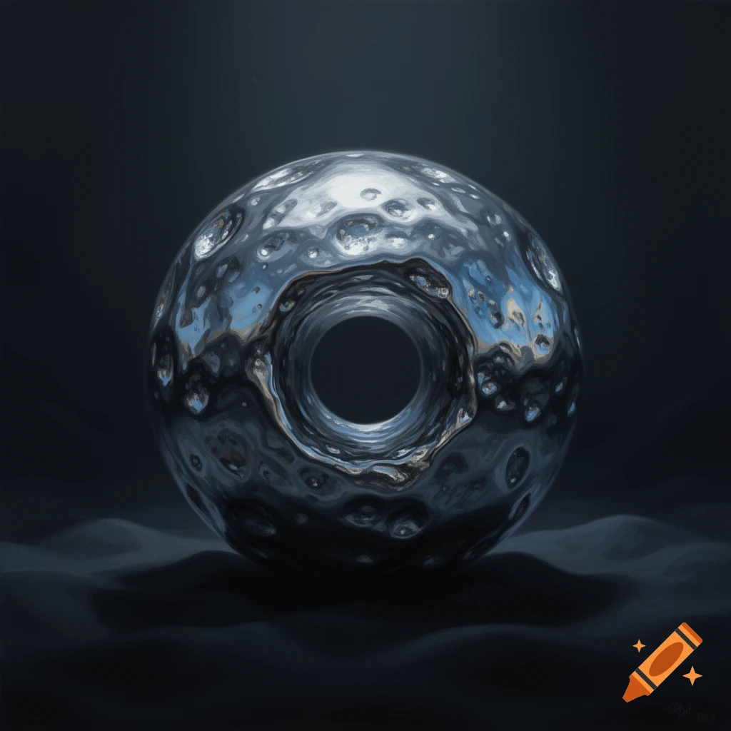 A highly detailed, shiny metallic sphere with a cratered surface and a central hole, against a dark background.