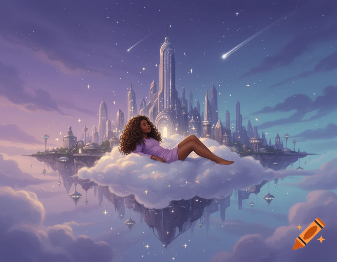A woman with curly hair lies on a cloud above a futuristic floating city under a star-filled sky.