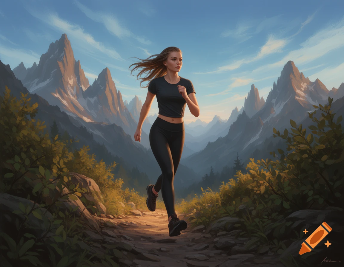 A woman in a dark t-shirt and leggings runs on a mountain trail, surrounded by majestic peaks and green foliage under a blue sky, digital painting.