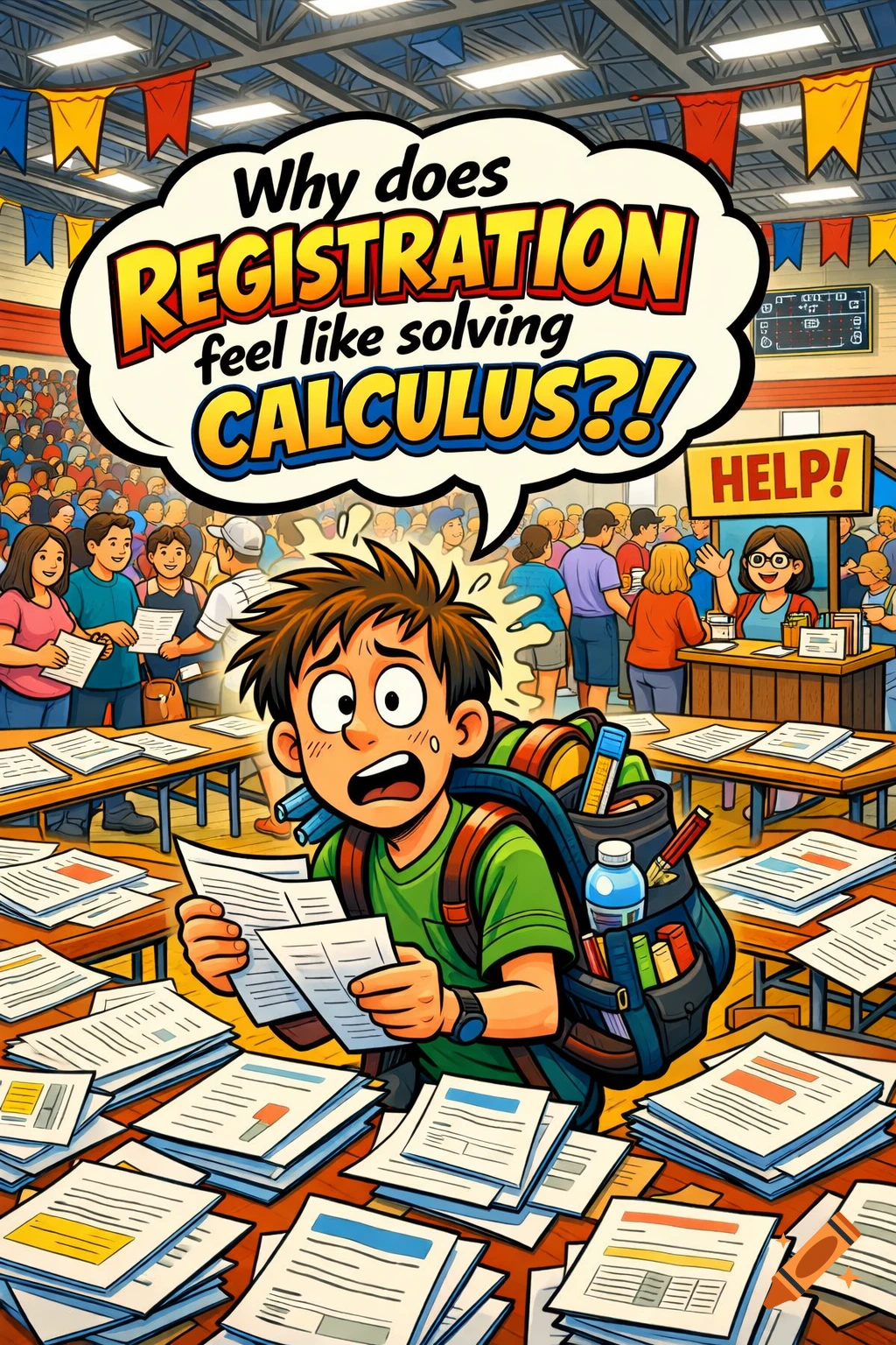 Cartoon of an overwhelmed student facing piles of registration papers ...