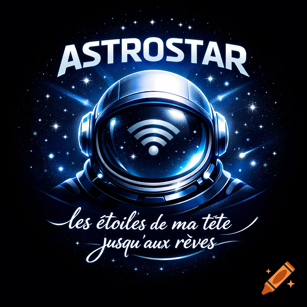 Logo of an astronaut helmet with a Wi-Fi symbol in the visor, surrounded by stars. Text: ASTROSTAR and 'les étoiles de ma tête jusqu'aux rêves'.