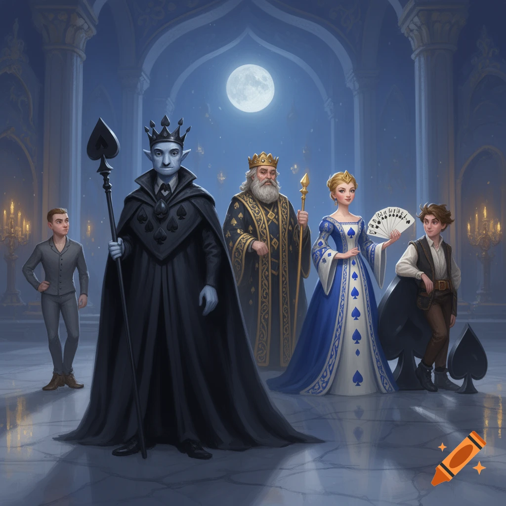 Five fantasy characters, representing a royal flush of spades, stand in a grand hall with a full moon visible through an archway.