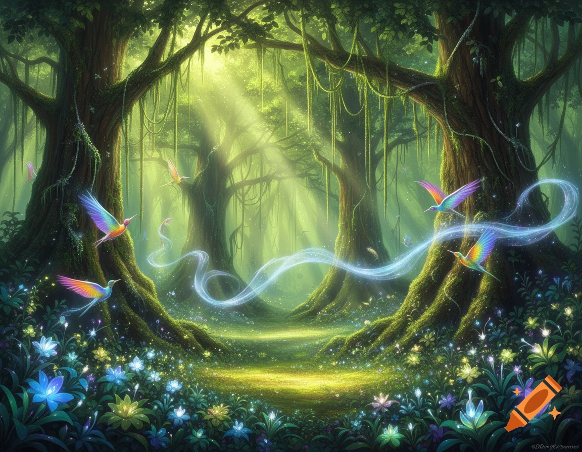 A vibrant fantasy rainforest with lush trees, glowing flowers, and ...