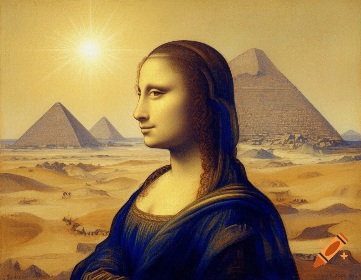 Mona Lisa depicted in ancient Egyptian mural style, with her head in profile and torso facing front, against a desert landscape with Giza pyramids under a bright sun.