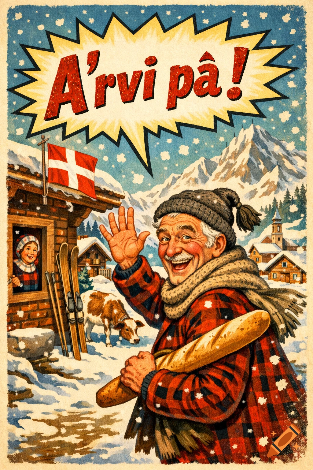 Vintage alpine illustration of a smiling old man waving with a baguette in a snowy village, with "A'rvi pâ!" text.