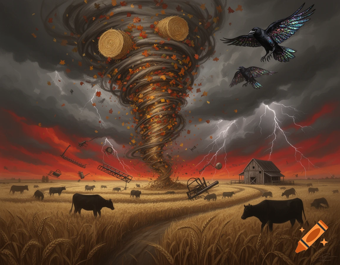 A dramatic illustration of a tornado with autumn leaves and hay bales over a farm with cows, a barn, and lightning under a stormy red sky, with stylized crows flying.