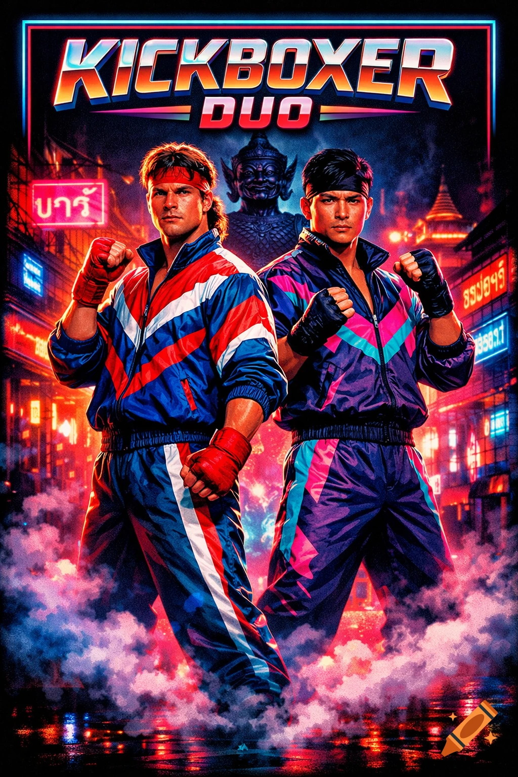 Two kickboxers in 80s tracksuits pose in front of neon Bangkok streets, resembling a retro video game poster.