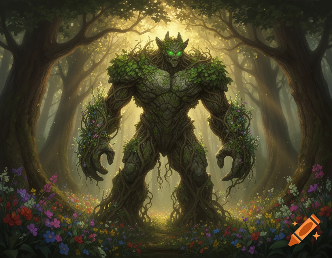 A powerful, moss-covered nature golem with glowing green eyes stands in a vibrant, sunlit forest filled with colorful wildflowers.