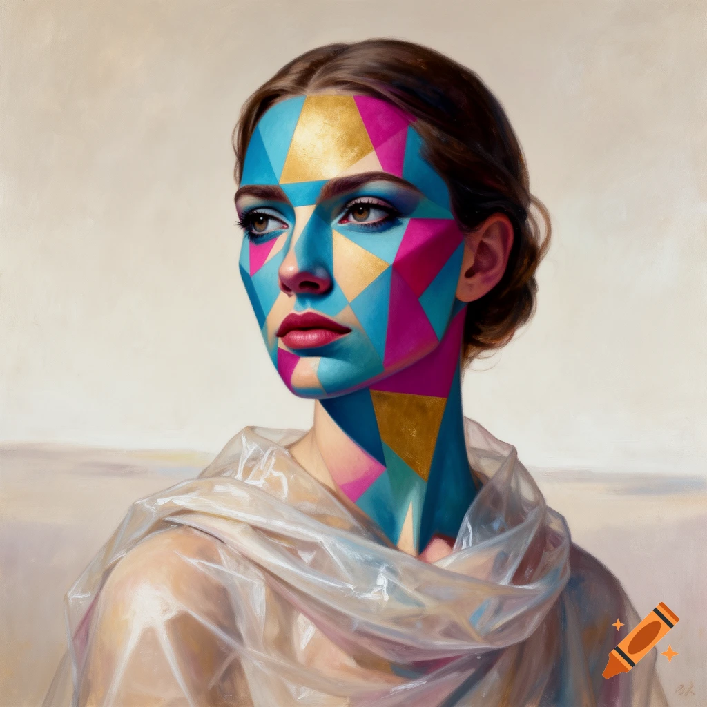 Modernist portrait painting of a woman with geometric blue, pink, and gold face and neck paint, wearing a sheer plastic-like top, looking left.