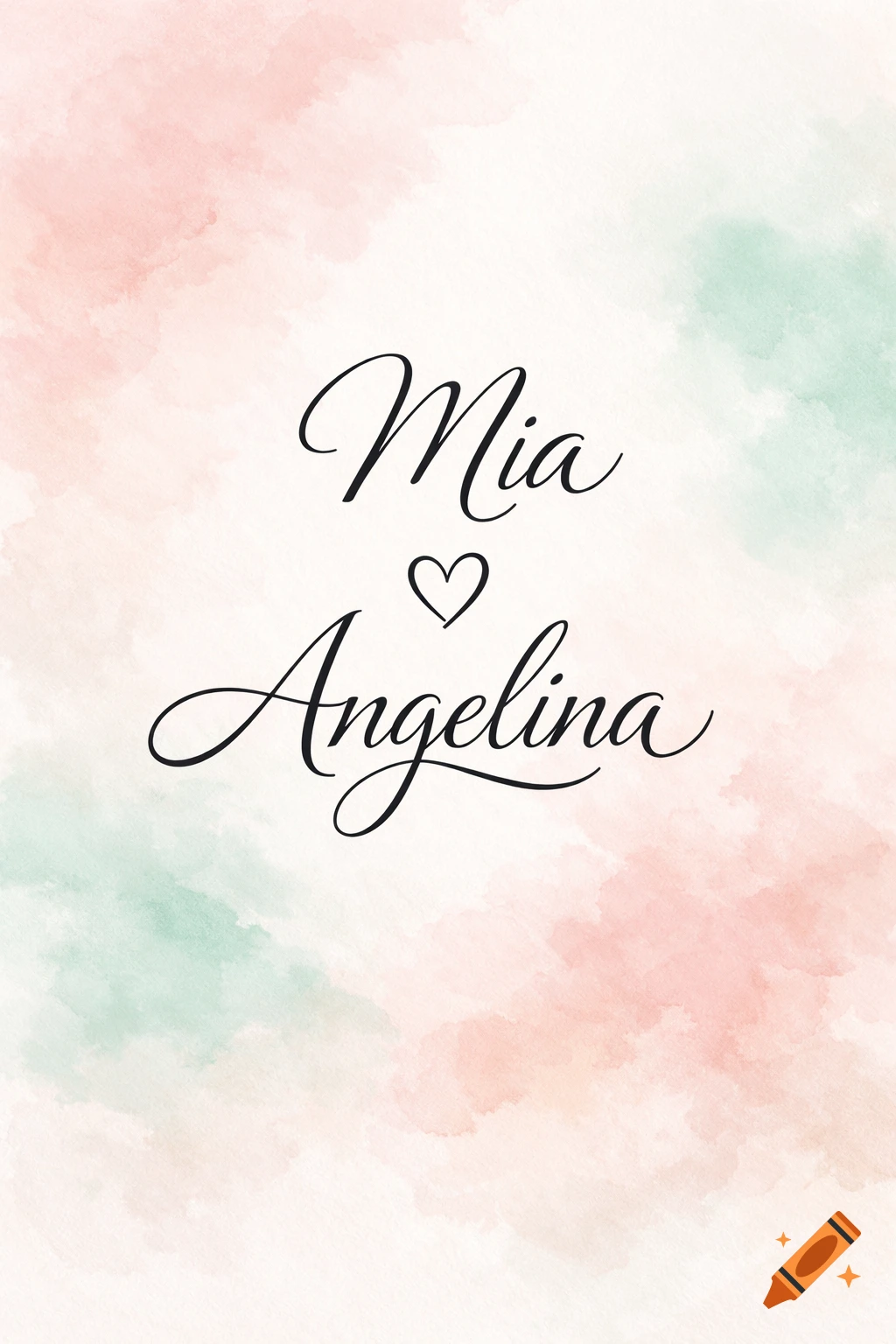 Mia and Angelina in elegant black cursive with a heart between the names, on a soft watercolor background with pink and green accents.