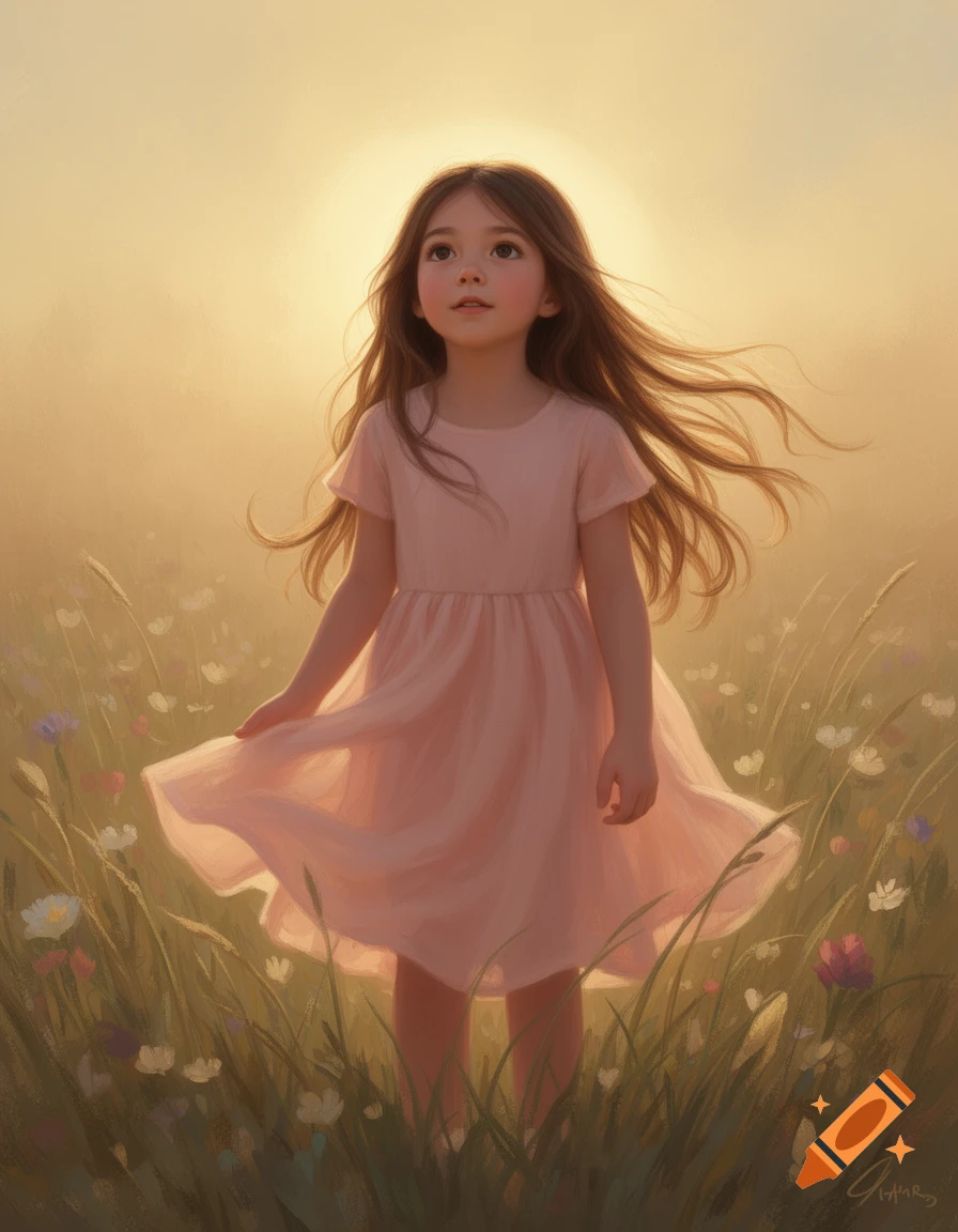 A young girl with long brown hair in a pink dress stands in a sunny field of wildflowers, looking up. Digital painting.