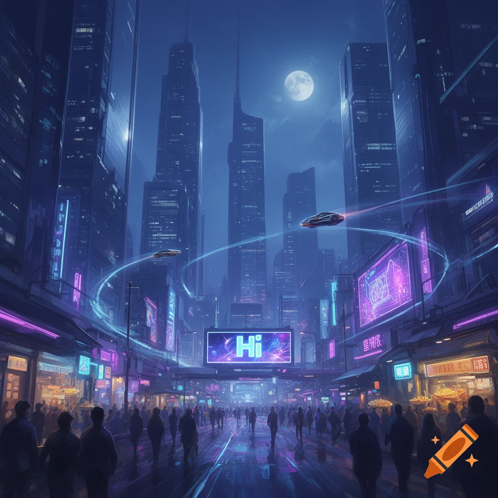A futuristic cityscape at night with neon lights, flying vehicles, and ...
