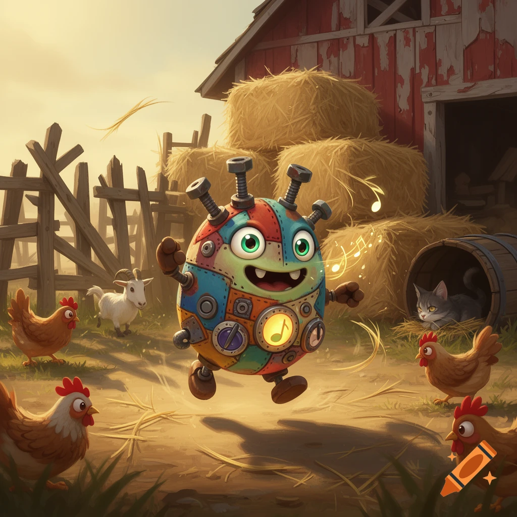 A colorful, happy cartoon robot with big green eyes and patchwork body dances in a barnyard with chickens, a goat, and a cat near a red barn.