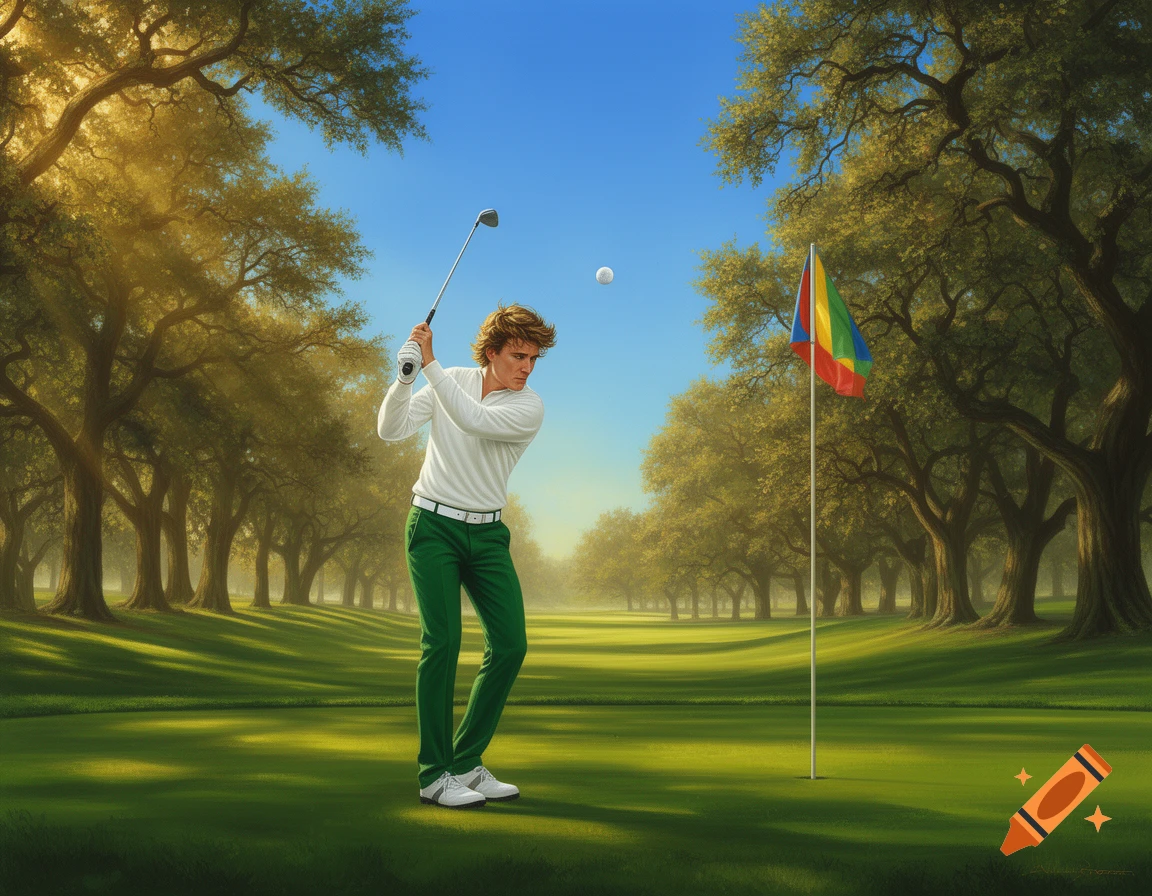 A male golfer in green pants and white shirt swings a club on a sunny, tree-lined golf course with a colorful flag and a golf ball in mid-air.