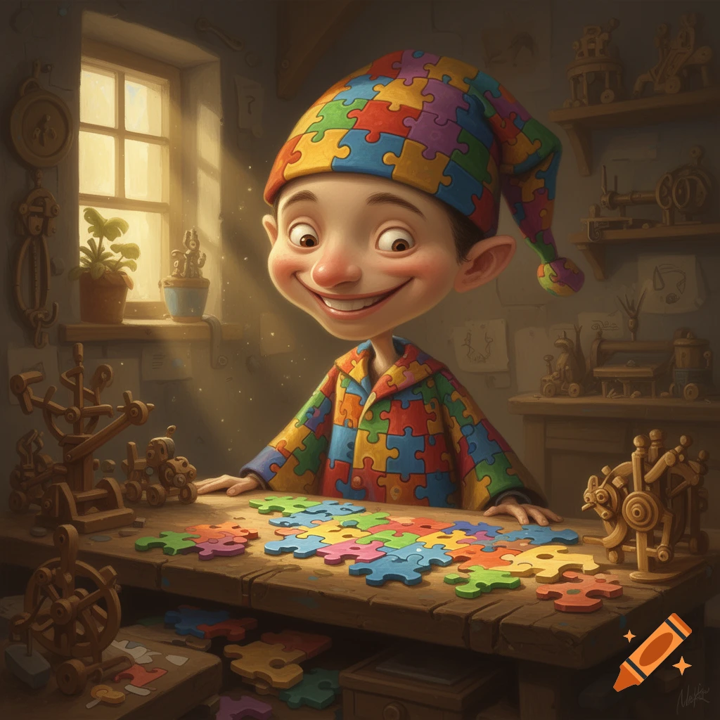 A cartoon boy with a big smile wears a puzzle piece hat and shirt while sitting at a wooden workbench with colorful puzzle pieces and wooden toys.