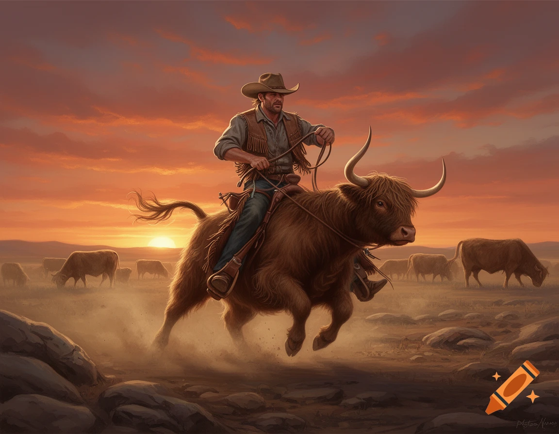 A cowboy rides a bucking shaggy brown Highland cow at sunset, kicking ...