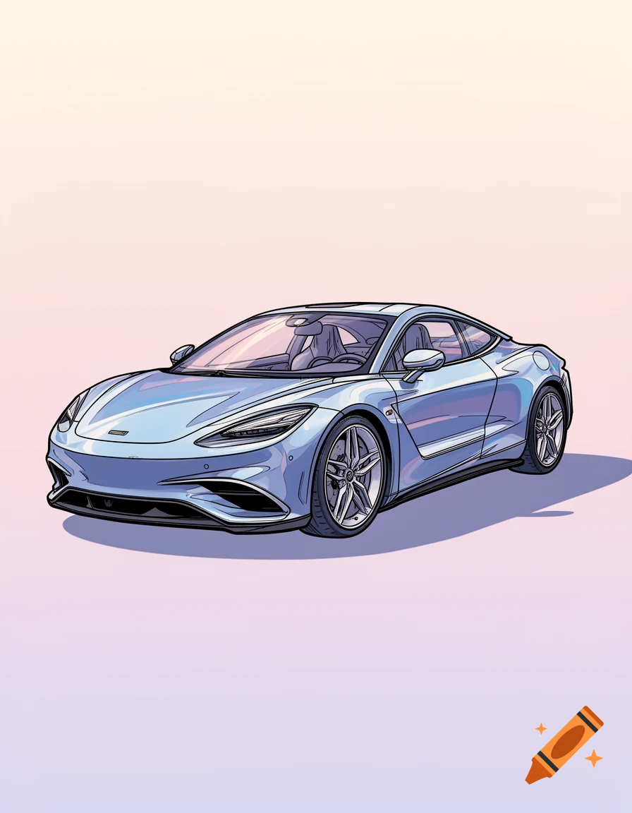 A light blue sports car illustration with clean lines and cel-shading on a pastel gradient background.