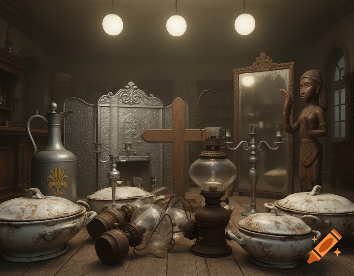 A dark, atmospheric still life of vintage objects on a wooden table, including pewter pitchers, old oil lamps, soup tureens, a wooden cross, and a statue.