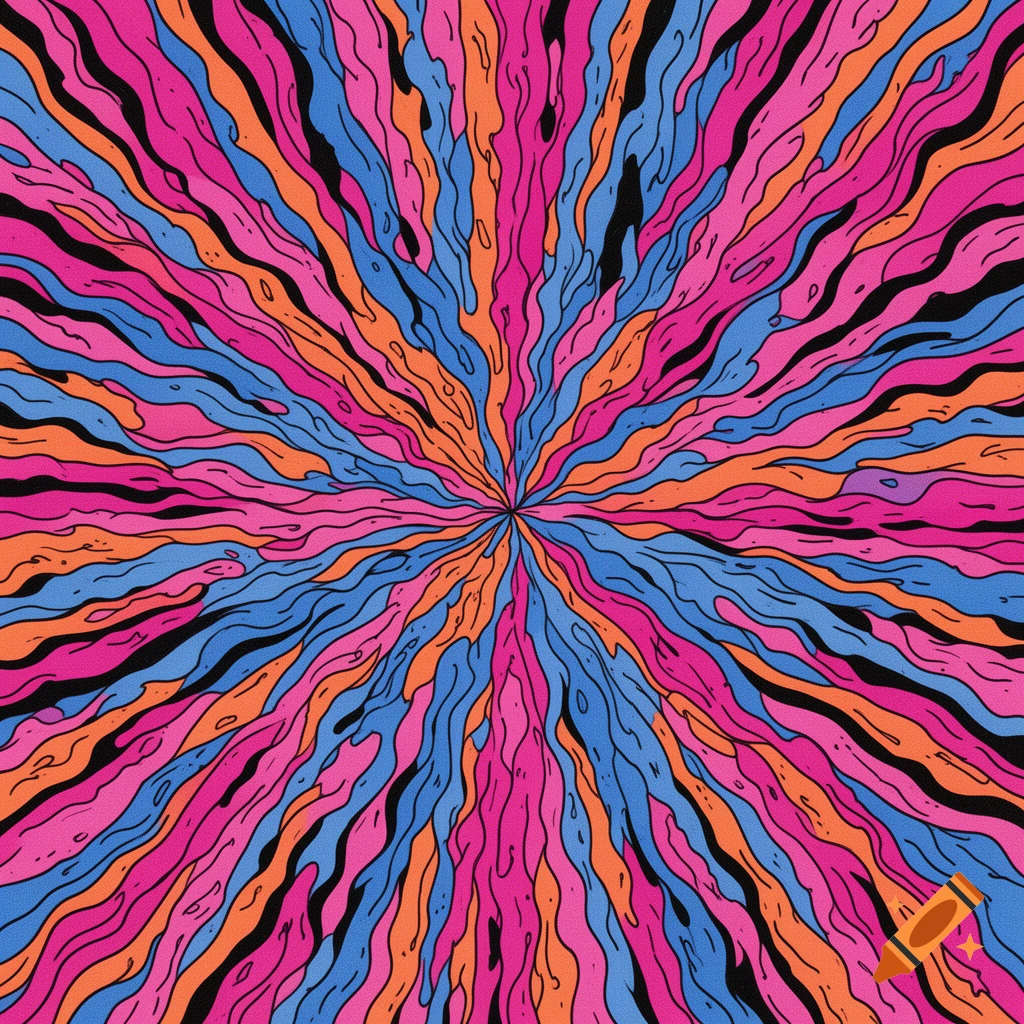 Vibrant psychedelic abstract background with wavy, melting shapes in pink, blue, orange, and black outlines radiating from the center.