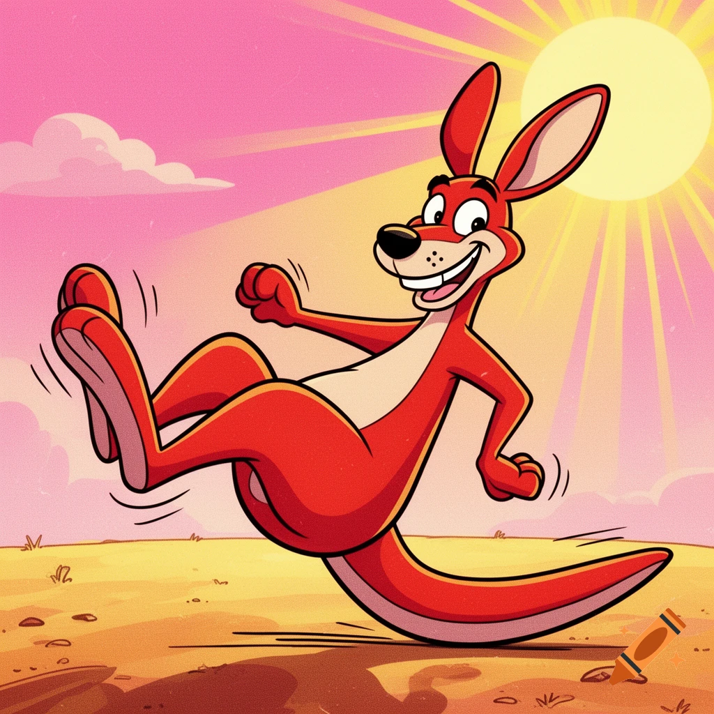 A cheerful red cartoon kangaroo balances on its tail with feet in the air, against a pink and orange sky in a 1990s Nickelodeon style.