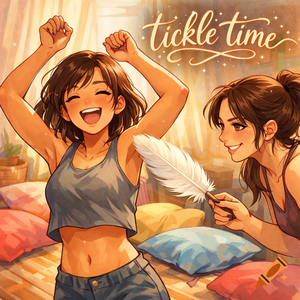 Anime illustration of two girls, one tickling the armpit of the other who is laughing with arms raised. 'tickle time' text.