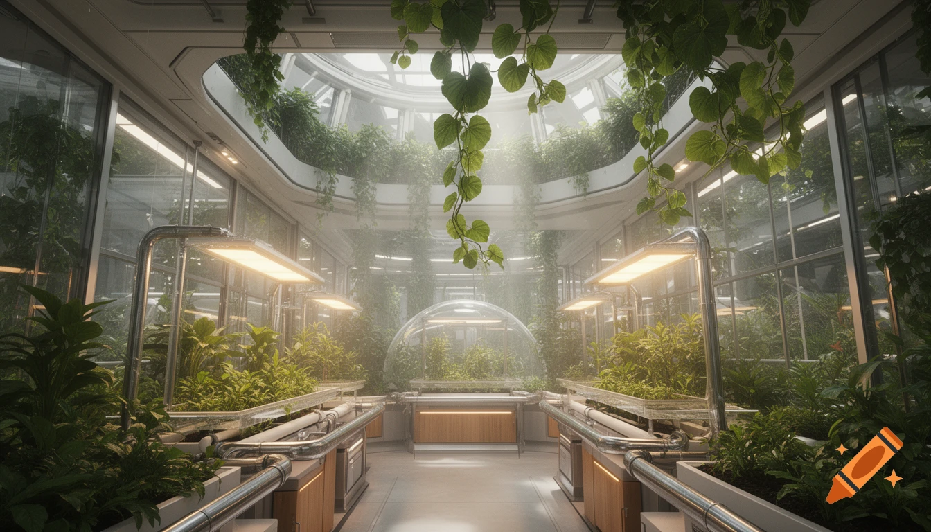 Photorealistic view inside a futuristic space station greenhouse with lush green plants, hydroponic systems, and bright artificial lighting.