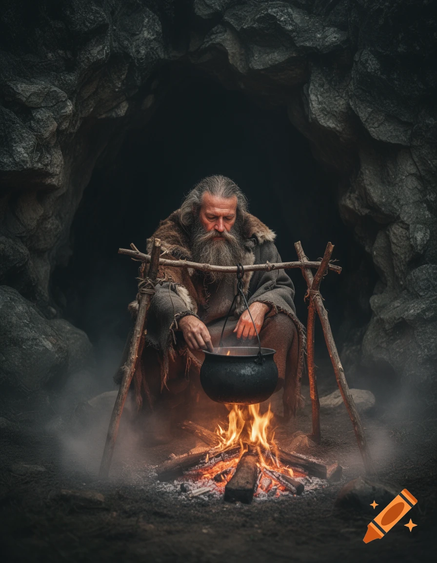 A long-bearded hermit in hide clothes cooks over a small fire at the entrance of a dark, rocky cave. Atmospheric, hyperrealistic style.