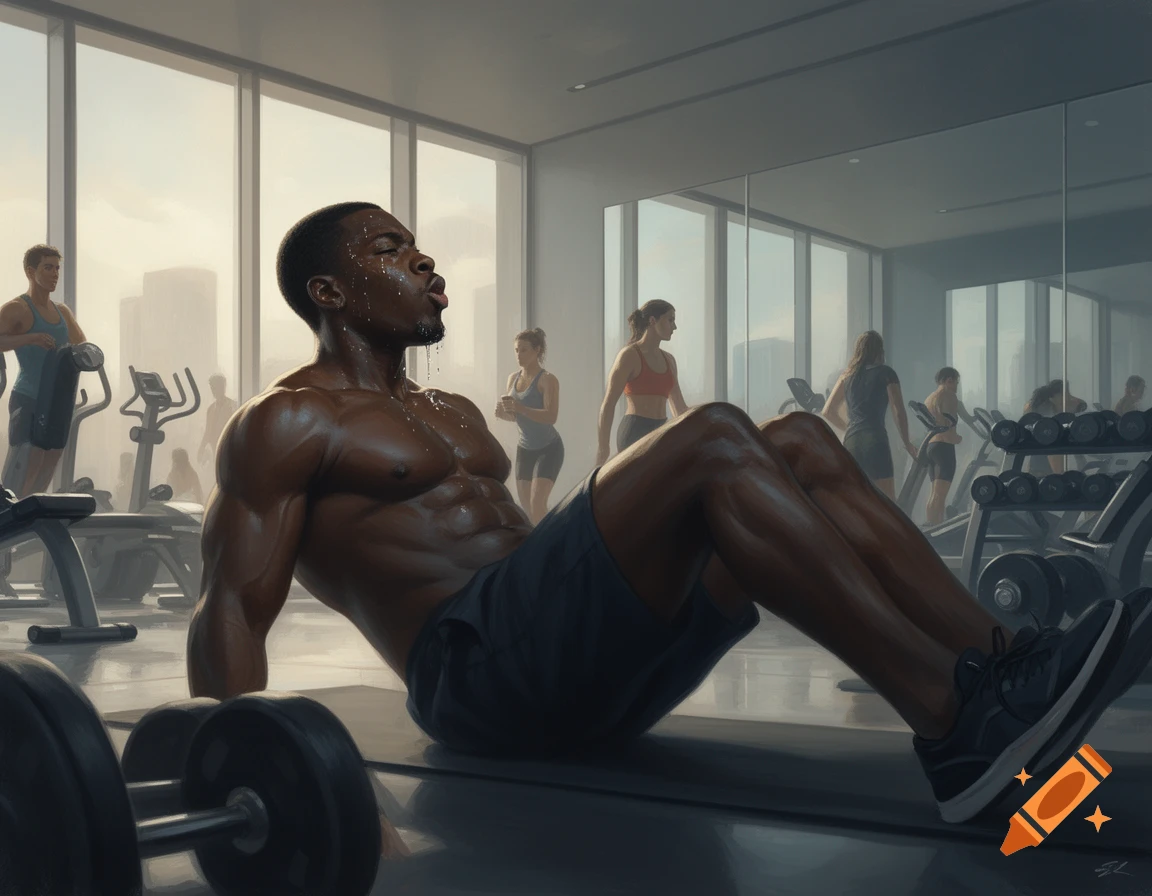 A sweaty, muscular Black man doing situps on a mat in a modern gym with large windows and other people exercising.