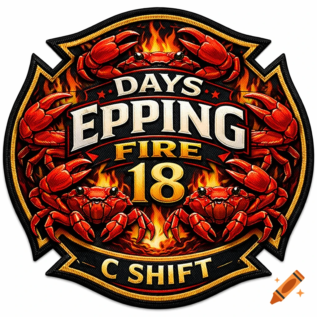A detailed fire department patch with red crabs, flames, and the text 'DAYS EPPING FIRE 18 C SHIFT' on a black background.