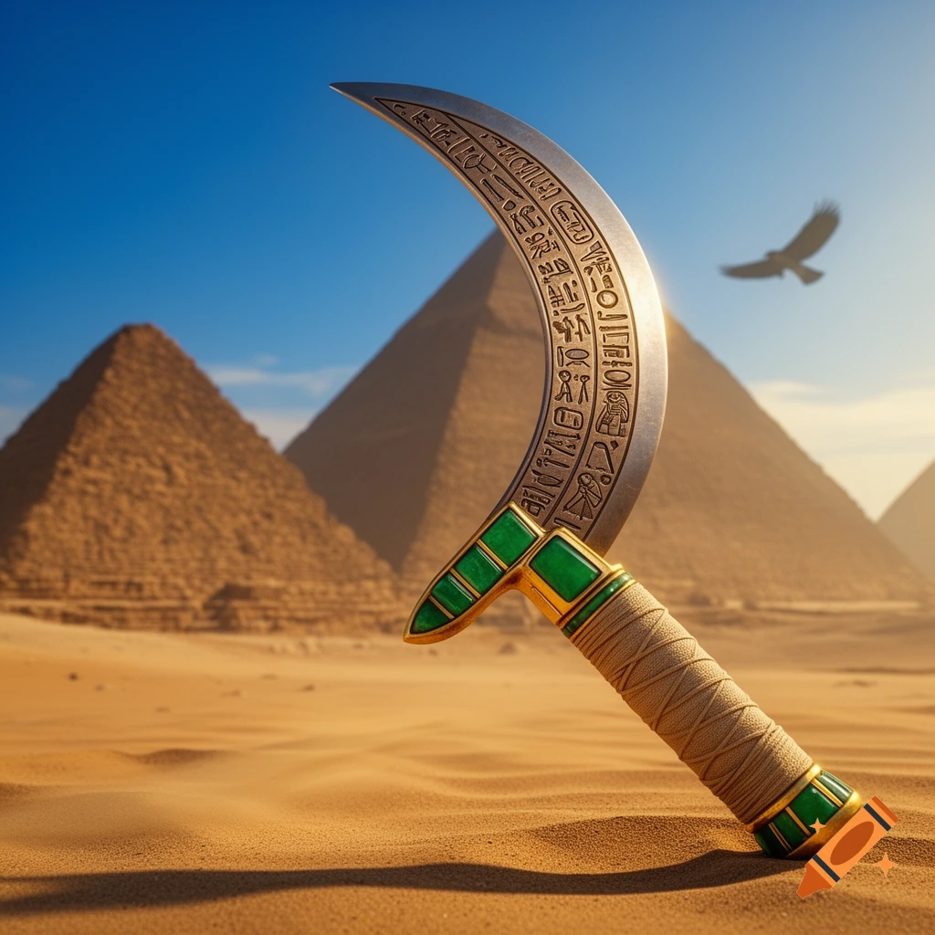 A decorative, crescent-shaped Egyptian weapon with green and gold accents, engraved with hieroglyphs, stands upright in desert sand with pyramids and a bird in the background under a blue sky.
