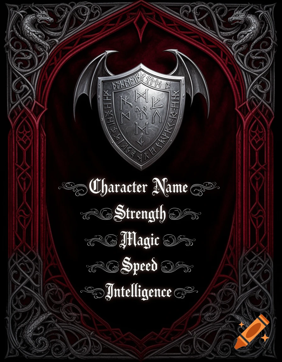 A dark gothic character template with a winged shield, runes, dragon accents, and text fields for character stats.